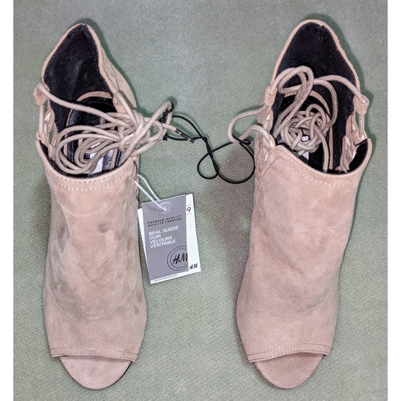 H&M Taupe Suede Wrap Around Peep Toe Heels - Picture 3 of 5